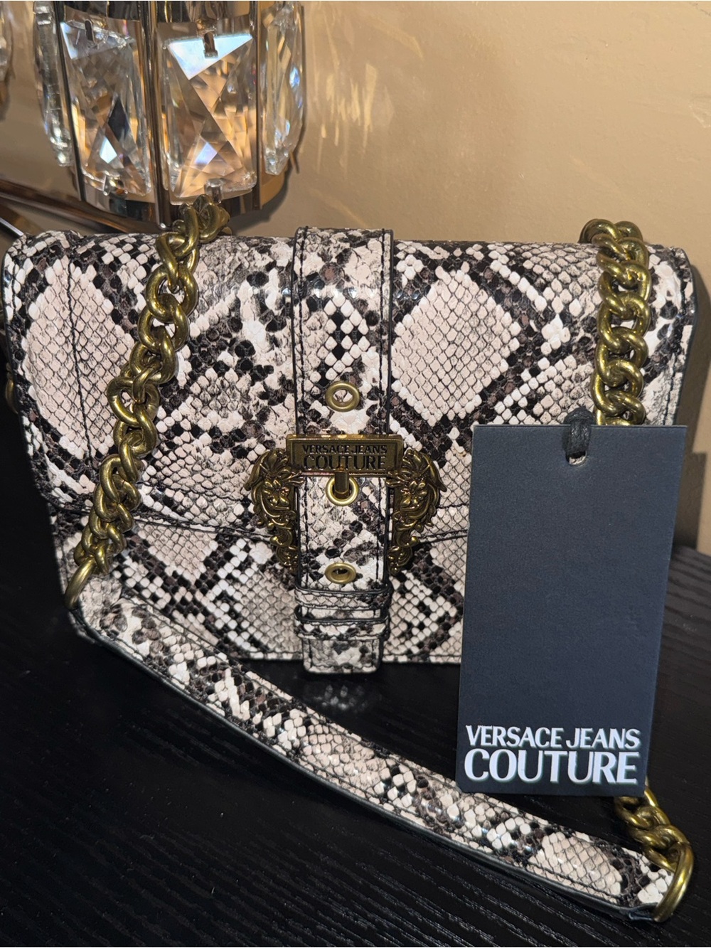 Versace Jeans Collection Black & White Snake-Print Crossbody with Gold Chain